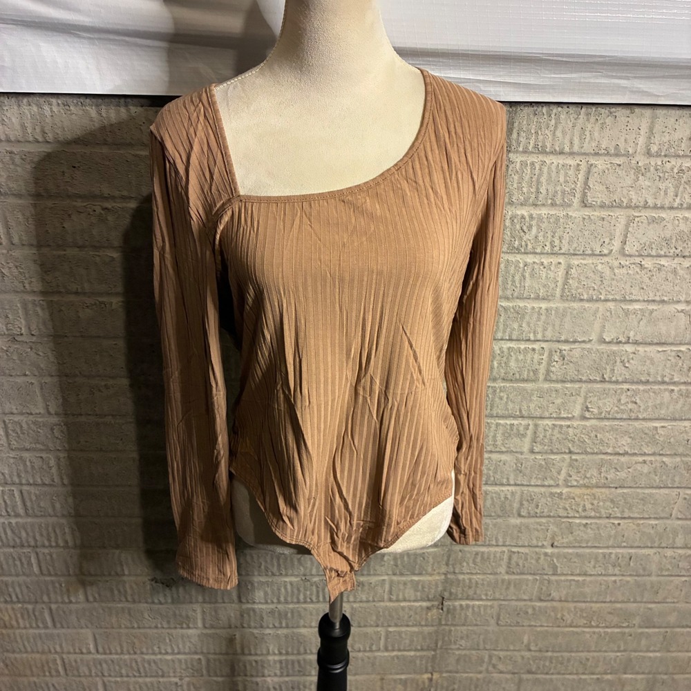 New zeagoo Women Ribbed Asymmetrical Neck Long Sleeve Bodysuit Tan XL